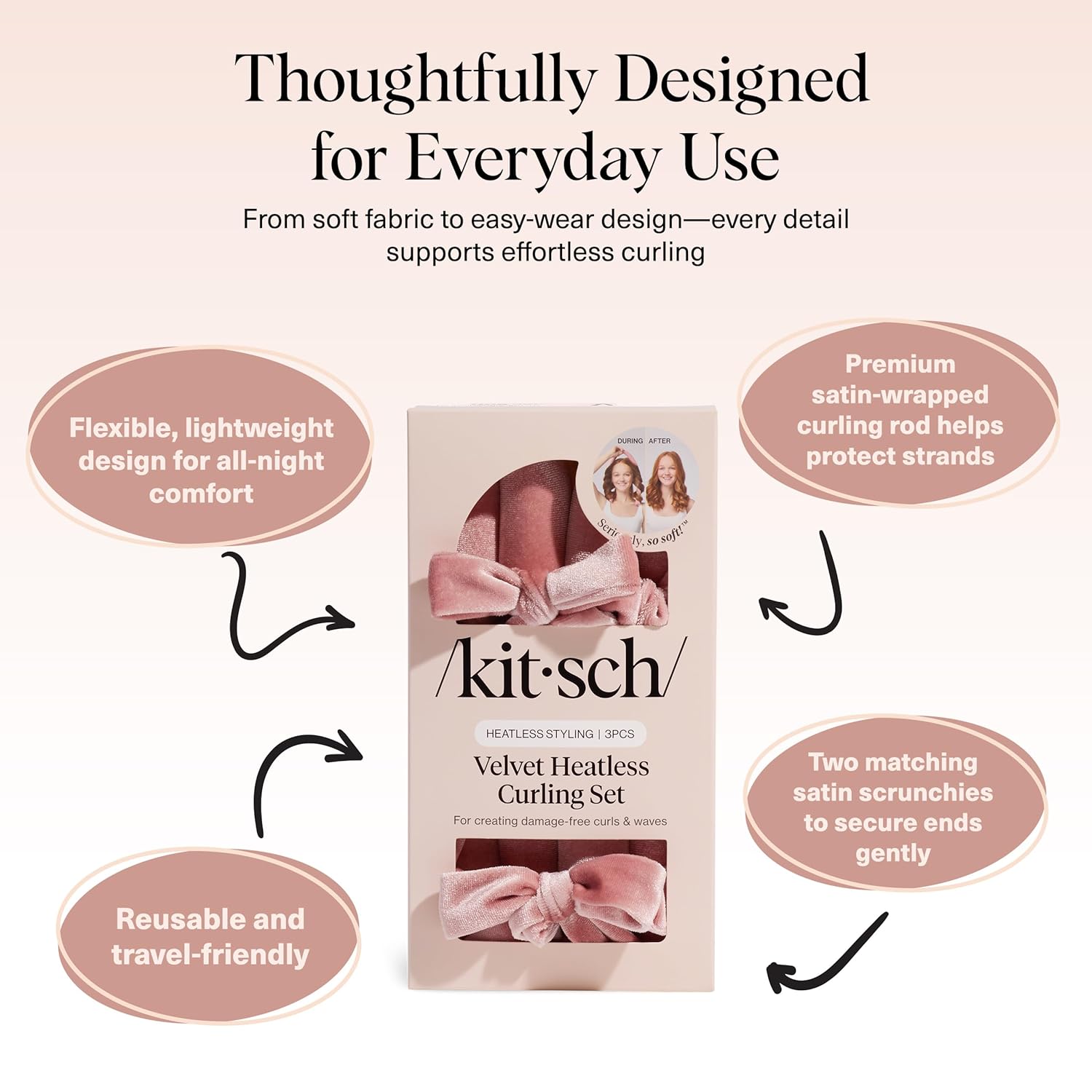 Kitsch Velvet Heatless Curling Set – Hair Curler to Sleep In for Heatless Curls Overnight - Heatless Hair Curler for Women – No Heat Damage Hair Styling Tool with 2 Velvet Scrunchies – Terracotta