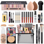 All in One Makeup Kit,Includes Naked Eyeshadow,CC Cream,Liquid Foundation,Lipstick Set,Mascara,Makeup Brush,Makeup Sponge,Eyebrow Pencil,Eyebrow Soap,Eyeliner Stamp, Primer,Contour Stick,Cosmetic Bag