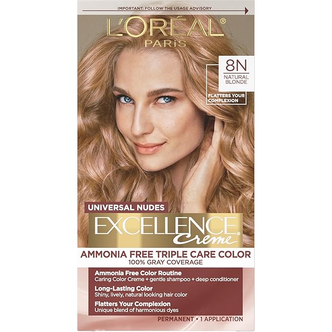 L’Oreal Paris Excellence Universal Nudes Permanent Hair Color, Ammonia Free Hair Dye for Gray Hair Coverage, 8N Natural Blonde, 1 Hair Dye Kit