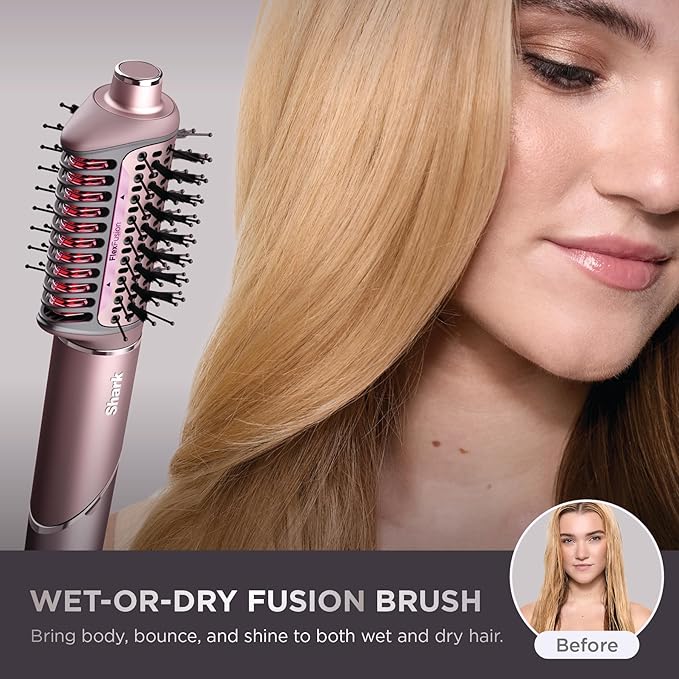 Shark FlexFusion Hair Straightener & Powerful Hair Dryer with Diffuser, Fusion Hair Brush, Ceramic Air Styler with Auto-Wrap Hair Curlers, Ceramic Plates, Cosmic Blush HD642S