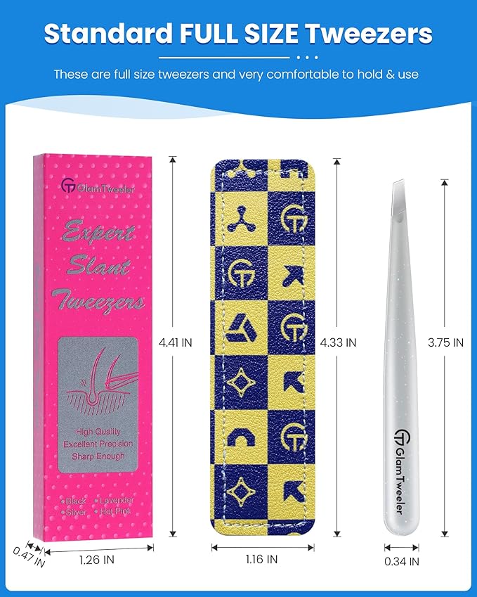 Expert Slant Tip Tweezers with Leather Case, GlamTweeler Sharp & Precision Stainless Steel Tweezer for Eyebrows, Facial Hair and Fine Hairs Removal (Sparkle Silver)