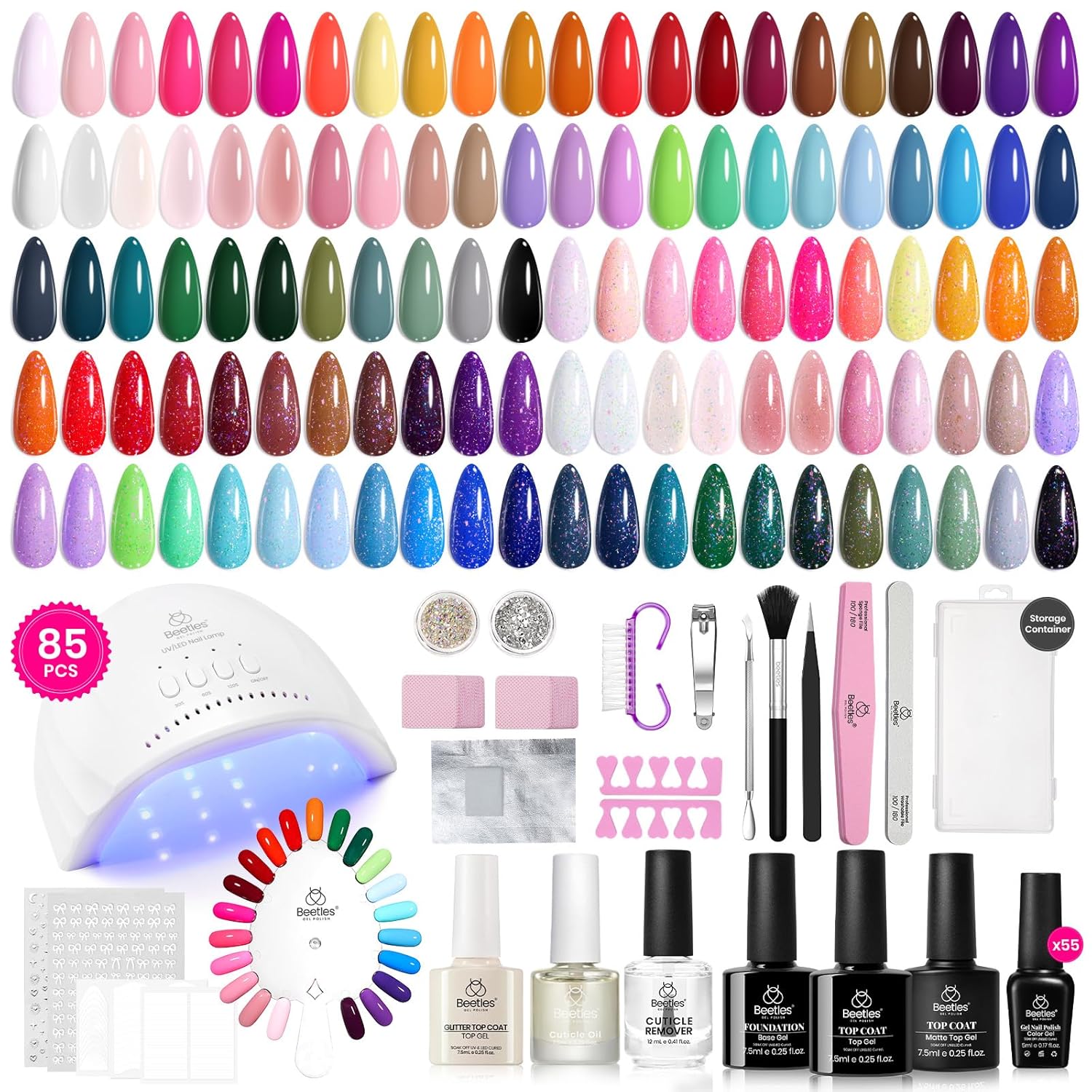 Beetles 85 Pcs Gel Nail Polish Kit with U V Light 55 Colors Gel Nail Kit for Beginners with Everything at Home Manicure Winter Nail Art Jelly Nails Emotional Spectrum Collection