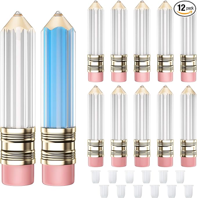RONRONS 12 Pieces Pencil Lip Gloss Tubes, Empty Mini Pencil Shaped Lip Gloss Tubes Containers Clear Lip Balm Tube Plastic Refillable Bottle for Women Girls Gifts, 5ml