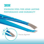 TRIM Azure Collection Slant Tip Tweezer – Precision-Ground Tips Grasp Even The Finest Hairs – Angled to Align with The Brow's Natural Arch – Calibrated Tension for More Control – Stainless Steel