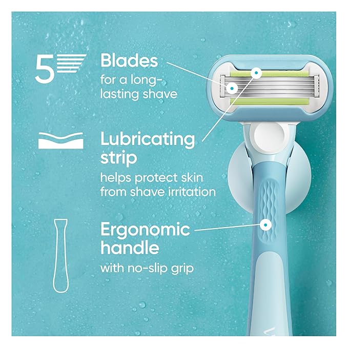 Gillette Venus Extra Smooth Razor for Women, Includes 1 Reusable Razor Handle + 4 Refills, 5-Bladed, Ergonomic No-Slip Gel Handle and Shower Holder