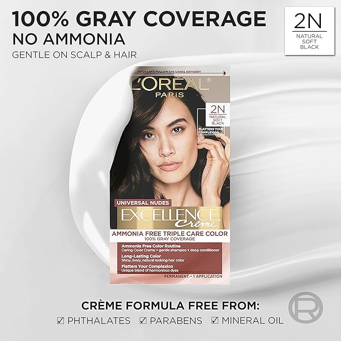 L’Oreal Paris Excellence Universal Nudes Permanent Hair Color, Ammonia Free Hair Dye for Gray Hair Coverage, 2N Natural Soft Black, 1 Hair Dye Kit