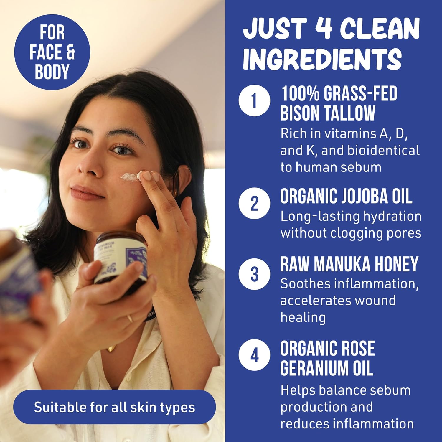 Whipped Bison Tallow Balm w/Manuka Honey, Jojoba, Rose Geranium Oil - Grass-Fed & Finished Organic Tallow Face Moisturizer - Face & Body Cream for Acne-Prone Skin - Nourishing Skincare (2.5oz)