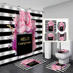 4PCS Gold Glitter Hello Gorgeous Shower Curtain Set, Watercolor Pink Floral Black and White Striped Perfume Makeup Modern Fashion Women Bathroom Decor, Non-Slip Bath Mat Toilet Rug, Hibiscus