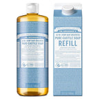Dr. Bronner’s Pure-Castile Liquid Soap Bottle & Refill Carton - Made with Regenerative Organic Certified Oils, 82% Less Plastic-18-in-1 Uses for Face, Body Wash, Hand Soap Refill- Baby Unscented,32 oz