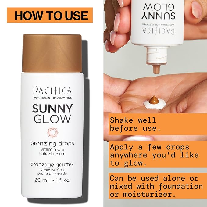 Pacifica Sunny Glow Liquid Face Bronzer Drops - Face Makeup Bronzing For Face & Cheeks for Instant Sun-Kissed Glow - Vitamin C & Glycolic Acid Infused Liquid Bronzer Illuminating Highlighting Clean