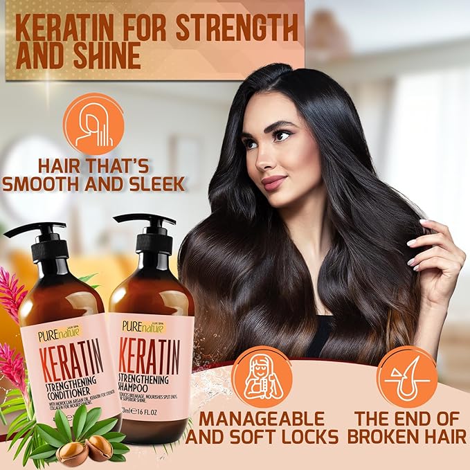 Keratin Shampoo and Conditioner Set - Sulfate and Paraben Free Treatment for Dry Hair - Anti Frizz, Collagen Enriched Formula for Curly or Damaged Hair - Safe for Men and Women with Color Treated Hair