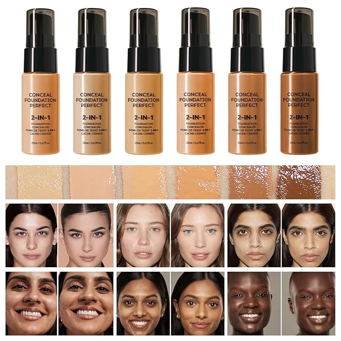 6 Colors Liquid Foundation Long-Lasting,Poreless Liquid Oil Concealer Foundation For All Skin Type,Waterproof & Sweat-Proof,Easy To Push Away,Flawless Finish Foundation,Balanced Skin Color