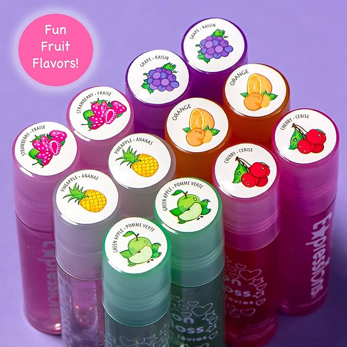 Expressions 12pc Roll On Lip Gloss Set with Carrying Case, 12-Piece Glossy Lip Makeup - Assorted Fruity Flavors, Non Toxic, Kid Friendly, Party Gift, Best Friends