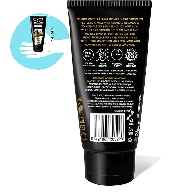 Skinnies 100ml SPF50+ CONQUER, Sungel Sun Cream, Broad Spectrum, Reef Safe, Water Resistant 4 hours