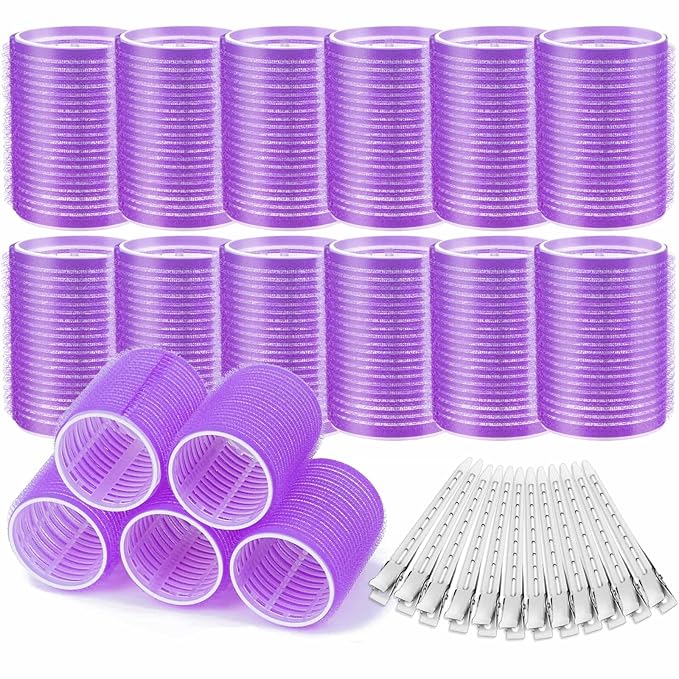Acejoz Hair Rollers, 12Pcs Large Self-Grip Hair Curlers with 12Pcs Stainless Steel Duckbill Clips, for Long Medium Thick Hair Volume (Purple)