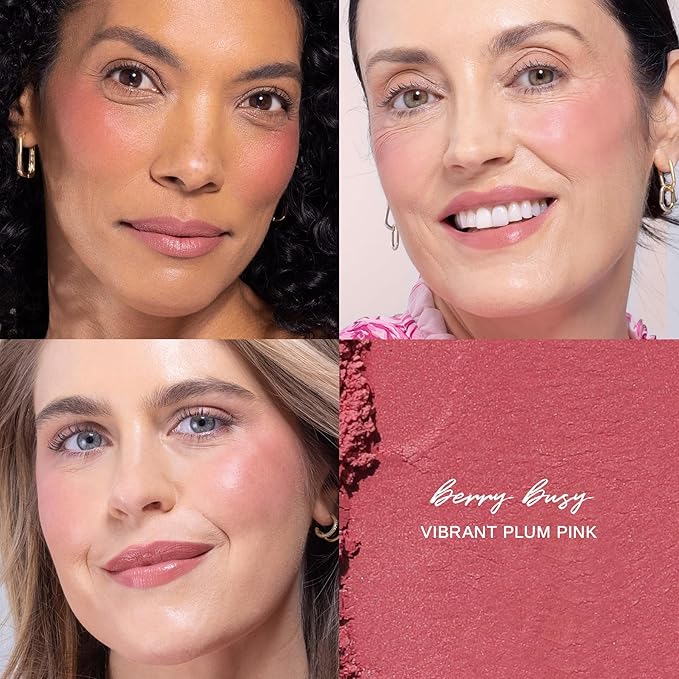 Wander Beauty Hydrating Powder Blush - Lightweight, Berry Blush Makeup with a Blurring, Satin Finish - Buildable Formula with Hyaluronic Acid, Squalane & Aloe Leaf Extract - Berry Busy - 0.18 oz