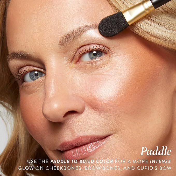 LAURA GELLER NEW YORK Dual-Ended Highlighter Brush - Multipurpose Makeup Brush for Highlighter, Blush, Bronzer and More - Includes Dual-Fiber Vegan Bristles and Satin Paddle for Flawless Application