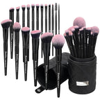Bueart Design 18Pcs Pro Deluxe Fuchsia Pink Black Makeup Brushes set with Travel Make up Brush Holder case Foundation concealer contour Blush eyeshadow face make up brush set