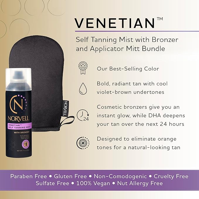 Norvell Venetian Sunless Tanning Bundle: Aerosol Spray Solution Mist with Bronzer for Instant Sun Kissed Glow, 7 fl. oz. and Streak Free Washable Applicator Blending Tan Mitt for Flawless Results