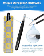 Expert Slant Tip Tweezers with Leather Case, GlamTweeler Sharp & Precision Stainless Steel Tweezer for Eyebrows, Facial Hair and Fine Hairs Removal (Black)