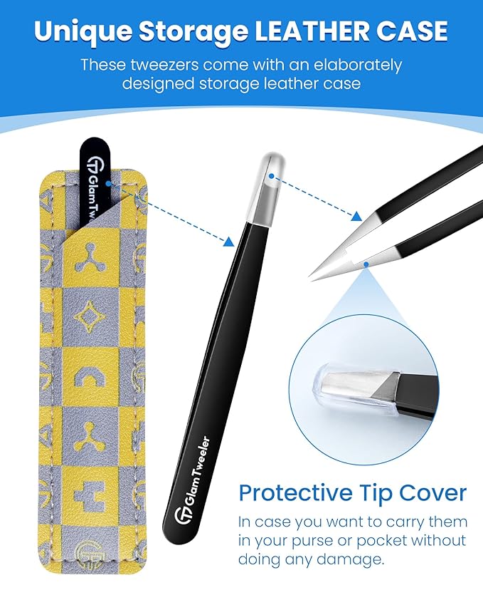 Expert Slant Tip Tweezers with Leather Case, GlamTweeler Sharp & Precision Stainless Steel Tweezer for Eyebrows, Facial Hair and Fine Hairs Removal (Black)