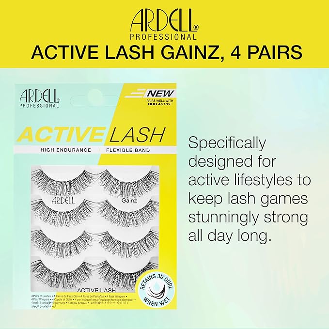 Ardell Active Gainz Lashes - Sweat-Proof & Long-Lasting Wispy Lashes, Comfortable Wear False Eyelashes, 4 Pairs