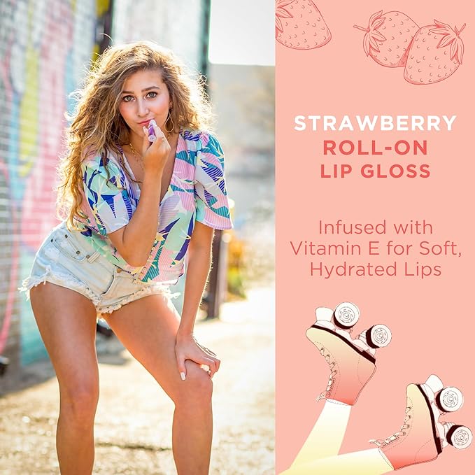 Roller Girl Roll-On Lip Gloss (Strawberry Amber, 2 Pack) – Lip Gloss for Women with Hydrating Vitamin E & Moisturizing Shine, Refreshingly Lightweight Your Lip Stain, Non Stick Gloss