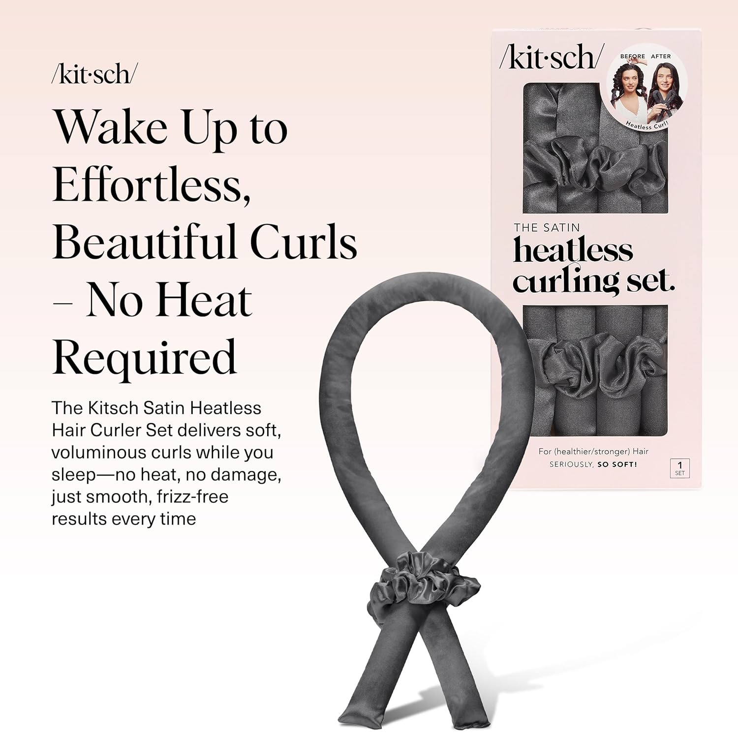 Kitsch Satin Heatless Curling Set – Heatless Hair Curler for Women, Hair Curler to Sleep In - with 2 Satin Scrunchies for Overnight Curls – No Heat Damage Styling with Heatless Curler - Charcoal