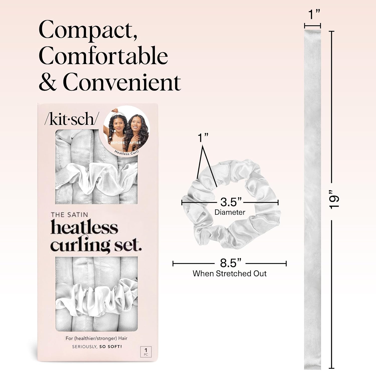 Kitsch Satin Heatless Hair Curler Set - Heatless Curls Overnight, Hair Rollers for Soft Curls & Frizz-Free Styling, No Heat Curlers To Sleep in, Curling Rod Headband with 2 Scrunchies - Ivory