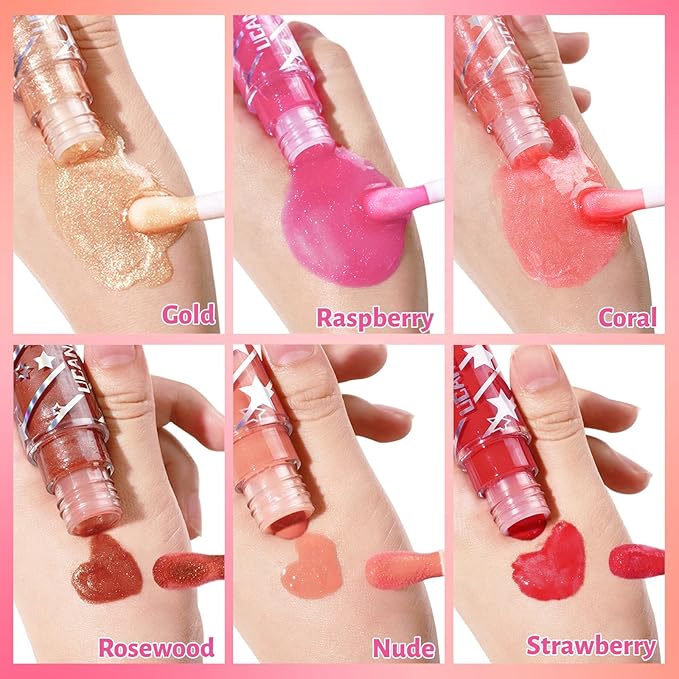 UCANBE 3 Color Shimmery Lip Oil Gloss - Luxurious Radiant Hydrating Tinted Lip Glow (Coral/Gold/Raspberry), Non-Sticky Shiny Lip Plumper Top Gloss for All-Day Wear and Comfort