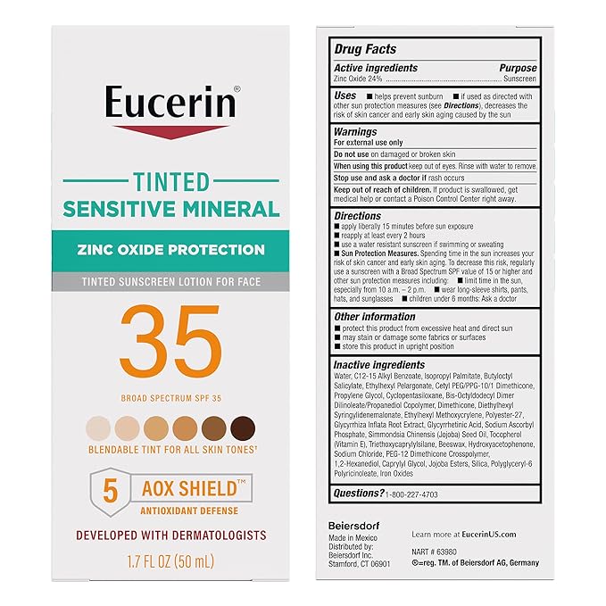 Eucerin Sun Tinted Sensitive Mineral Face Sunscreen Lotion SPF 35, Non-Comedogenic Mineral Sunscreen with Gentle Zinc Oxide Protection for Sensitive Skin, 1.7 Fl Oz Bottle