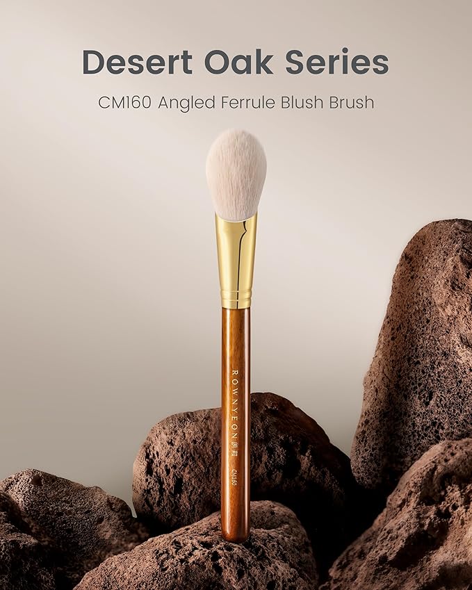 Desert Oak Series CM 160 Angled Blush Brush for Cheeks – Ideal for Powder & Cream Blush, Golden Brass Ferrule, Ebana Bubinga Handle, Soft Nylon Bristles