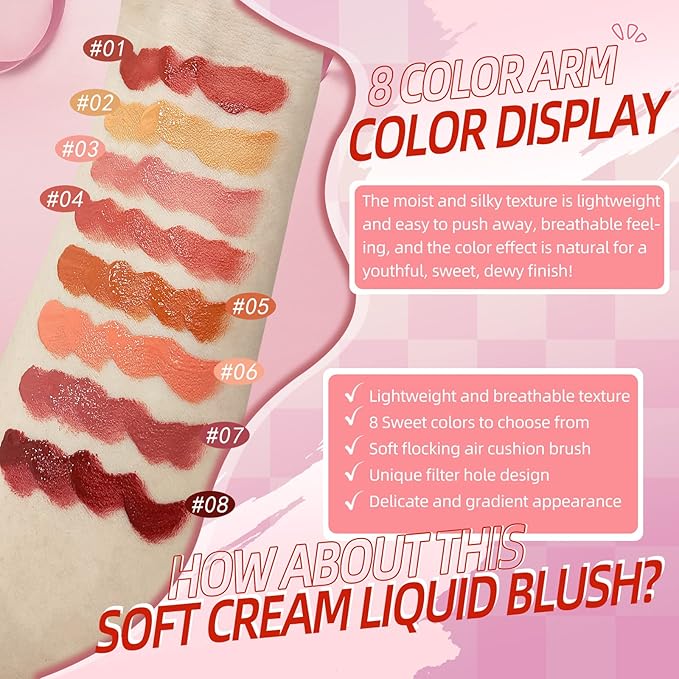 Liquid Blush for Cheeks, Soft Cream Blush with Cushion Applicator, Dewy Finish Matte Velvet Texture, High-Pigmented Blendable, Long-Wearing Rubor Makeup | #08 ARDOUR-Chili Red