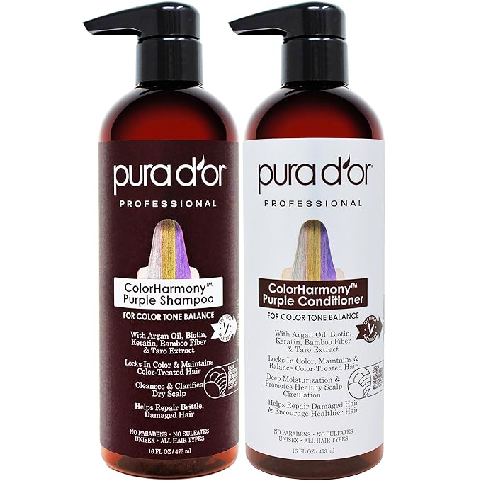 PURA D'OR Purple Shampoo & Conditioner (16oz x 2) ColorHarmony Biotin Set For Bleached, Blonde, Silver & Color Treated Hair - Keratin, Bamboo Fiber, No Sulfates - Men & Women