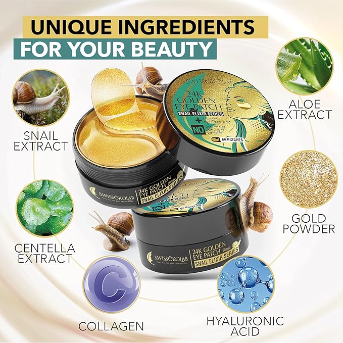 SWISSÖKOLAB Under Eye Patches For Puffy Eyes 24k Gold Eye Mask Dark Circles And Puffiness Collagen Eye Gel Pads Moisturizing & Reducing Wrinkles Anti-Aging Hyaluronic Acid (Snail Series)