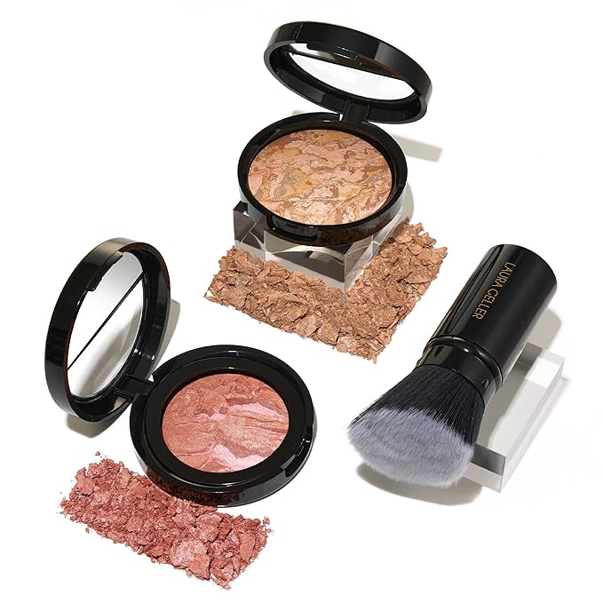 LAURA GELLER NEW YORK Baked Balance-N-Glow Illuminating Powder Foundation, Medium + Retractable Kabuki Brush + Baked Blush-N-Brighten, Pink Grapefruit