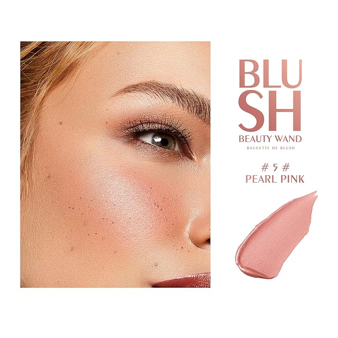KYDA Blush Beauty Wand, Shimmer Face Blush with Cushion Applicator, Natural Pearl Finish, Silky Smooth Creamy Formula, Lightweight Blendable Blush Rouge Stick-Pearl Pink