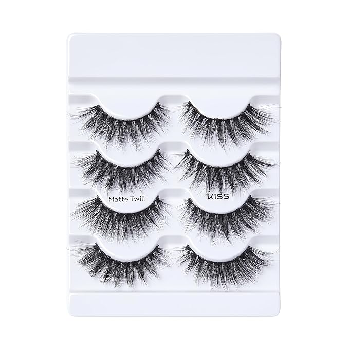 KISS Lash Couture Matte Black Faux Mink Eyelashes Multipack, Matte Twill, Black, Natural Looking, Cruelty-Free & Vegan, Holds Curl, Comfortable, Seamless, Knot-Free Band | 4 Pairs