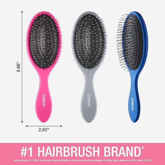 Conair Detangling Brush 3PK - For wet and dry - Ideal for all types - curly brush - brushes for women - detangler brush - brushes for women - Blue, Pink, Gray Assorted