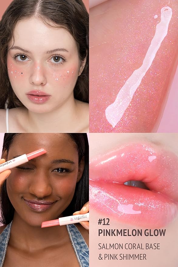 SELF BEAUTY Veganize Collagen Lip Glass Balm - Hydrating Lip w/Hyaluronic Acid - Vegan Korean Lip Balm Moisturizing Lip Care – Lip Gloss Repair for Dry Cracked Lips 0.06 oz (#12 Pinkmelon Glow)