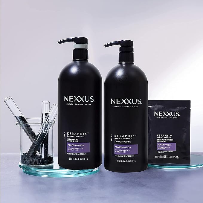 Nexxus Keraphix Shampoo and Conditioner - Damaged Hair Treatment System with Keratin Protein and Black Rice, 2 Count & 3 Repair Masks Treatment, 33.8 oz, 1.5 oz, 3 Count, 5 Count ( Pack of 1)
