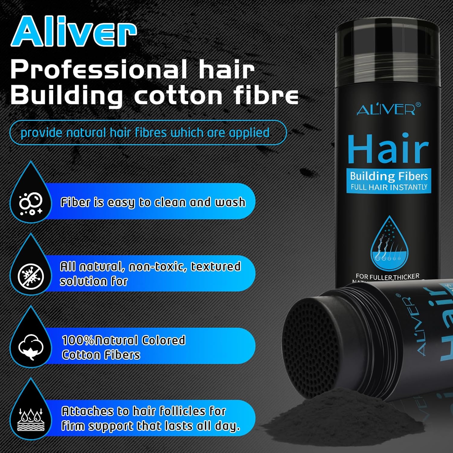 Aliver Hair Fibers for Thinning Hair - Black - 27.5Gr,Undetectable Natural Formula, Thicker Fuller Hair in 15 Seconds, Conceals Hair Loss, Look Younger, for Men & Women Patchy Bald Spot,Crown