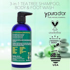 PURA D'OR 3-in-1 Tea Tree Shampoo, Body & Foot Wash, Shampoo (16oz x3 = 48oz) Total Body Care - Foot Odor & Daily Hygiene, Cleansing Routine, Post-Workout Refreshment - Soothes, Invigorates, Nourishes