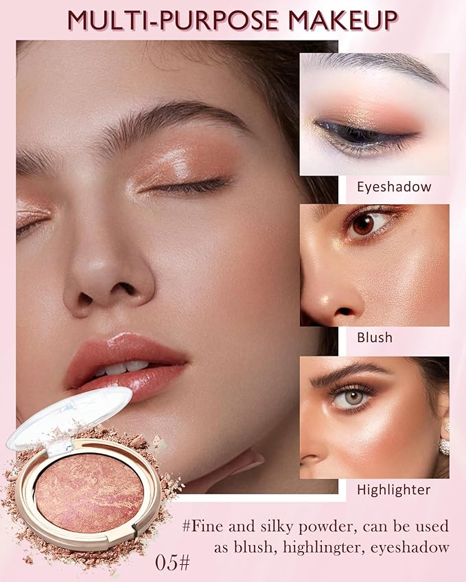 Baked Powder Blush, Glow Marbleized Blush Powder Palette,Lightweight Shimmery face Blush for Cheek,Eyeshadow Highlight,Women's Day Makeup Gift for Women rubores de maquillaje(0.49Ounce)-05