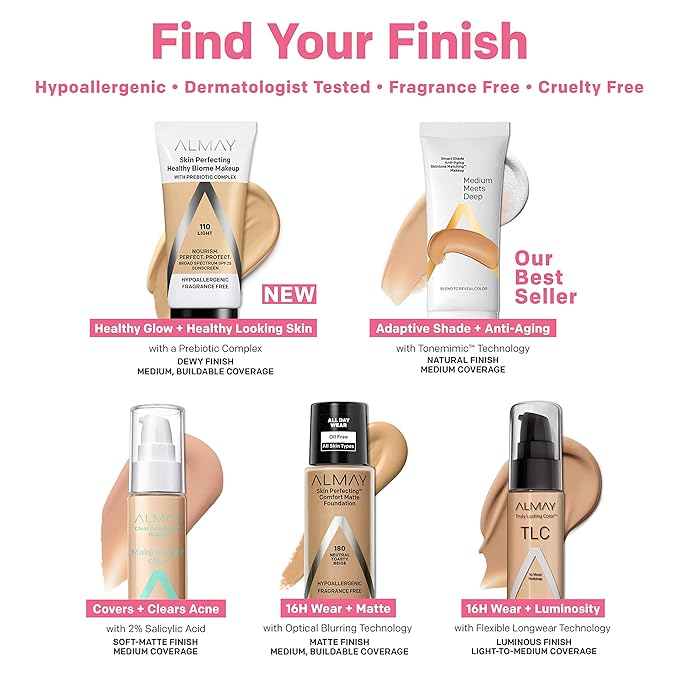 Almay Skin Perfecting Healthy Biome Foundation Makeup with Prebiotic Complex SPF 25, Hypoallergenic, -Fragrance Free, 130 Medium, 1 fl. oz.