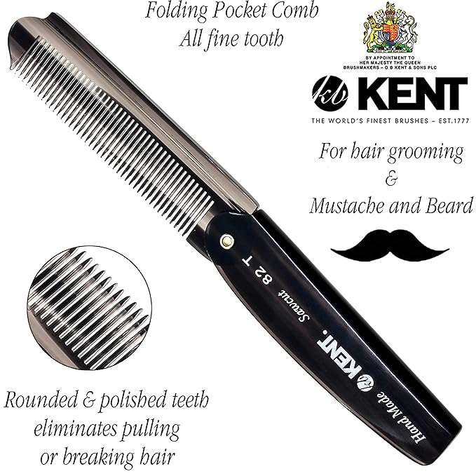 Kent 82T Handmade Folding Pocket Comb for Men, Fine Tooth Hair Comb Straightener for Everyday Grooming Styling Hair, Beard or Mustache, Use Dry or with Balms, Saw Cut Hand Polished, Made in England