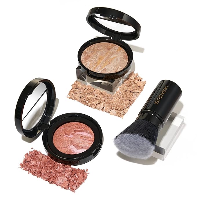 LAURA GELLER NEW YORK Blush-n-Glow Kit (3 PC): Baked Balance-N-Glow Illuminating Powder Foundation, Fair + Retractable Kabuki Brush + Baked Blush-N-Brighten, Pink Grapefruit