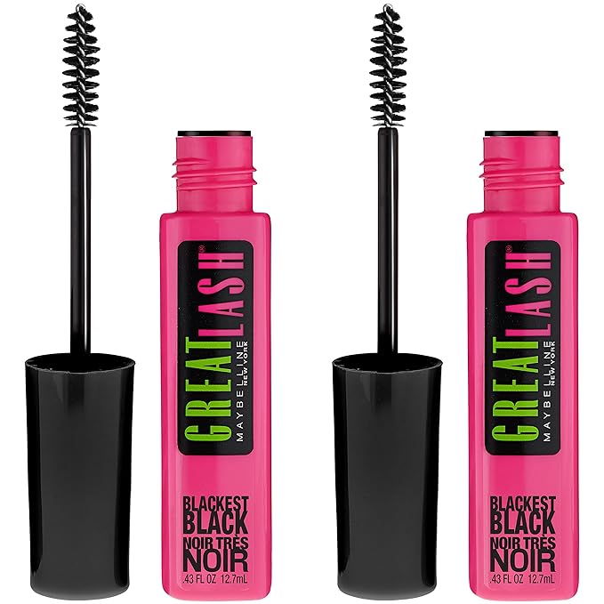 Maybelline Great Lash Washable Mascara Makeup, Volumizing Lash-Doubling Formula That Conditions As It Thickens, Blackest Black, 2 Count