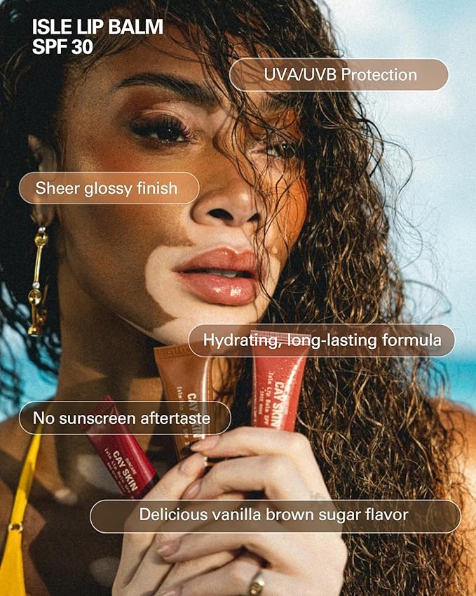 Cay Skin Isle Lip Balm SPF 30 – High Shine, Hydrating + Sheer Lip Gloss in Vanilla Brown Sugar Flavor – Formulated with Natural Ingredients for All Skin Tones – Nude Ting