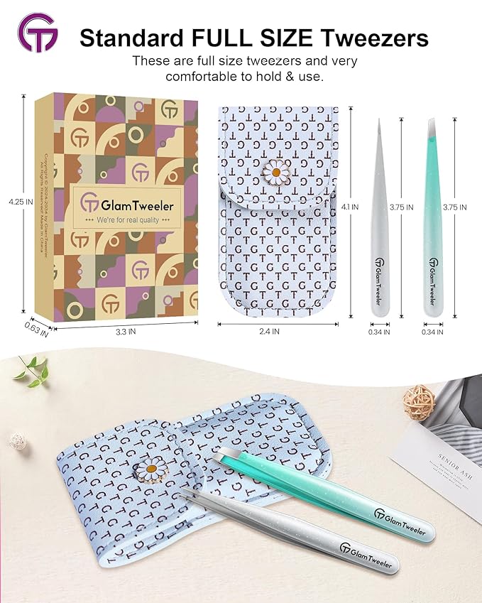 Expert Slant and Point Tip Tweezer Set with Exclusive Storage & Carrying Case, GlamTweeler Sharp & Precision Tweezer Set for Eyebrows, Facial Hairs & Fine Hairs Removal (Sparkle Mint Green + Silver)